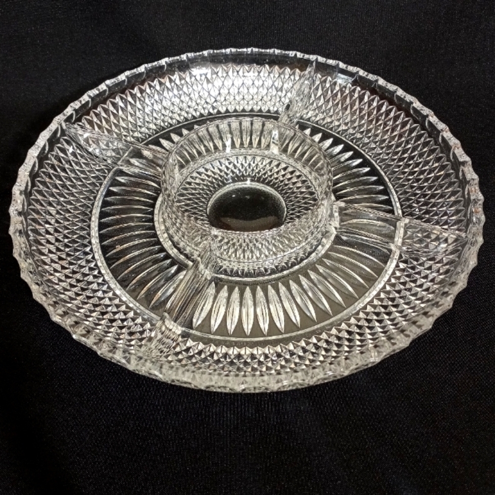 DIVIDED Crystal Serving Tray Platter with Center Dip Bowl